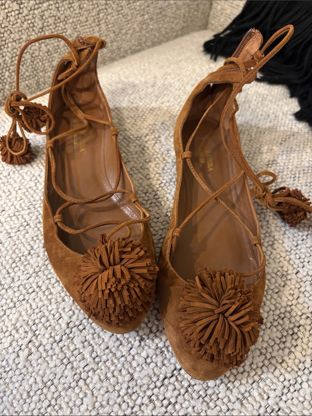Aquazzura Tan Suede Pom Pom Lace-Up Flats